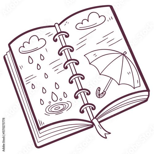 Open notebook with drawings of clouds raindrops umbrella and ripples representing a rainy weather theme idea