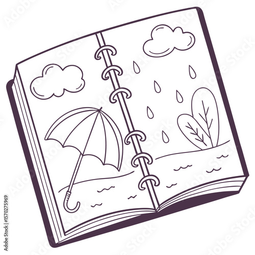 Open notebook with umbrella clouds rain and plants in a doodle style illustration with a binder design