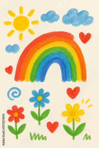 Hand Drawn Rainbow, Flowers, and Sunshine Children's Illustration
