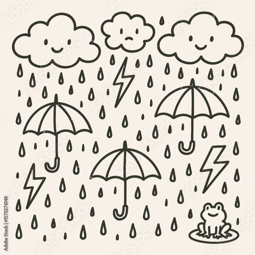 Rainy Day Doodle Illustration with Clouds, Umbrellas, Lightning, and Frog