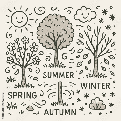 Four Seasons Doodle Illustration: Spring, Summer, Autumn, Winter