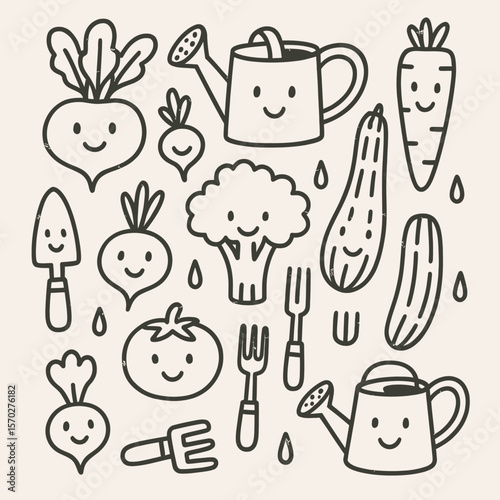 Whimsical Garden: Smiling Vegetables and Tools Illustration on Beige