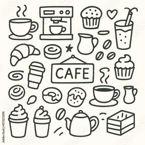 Cafe Doodle Set, Coffee Shop, Pastry, Drinks, Vector Line Art