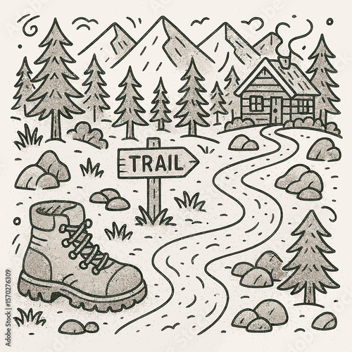 Hand-Drawn Illustration of a Mountain Trail with Cabin and Boot
