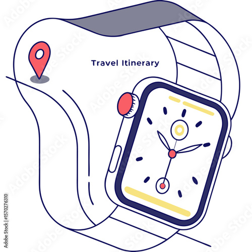 Illustration of a smartwatch displaying a travel itinerary with a map pin icon and clock face design