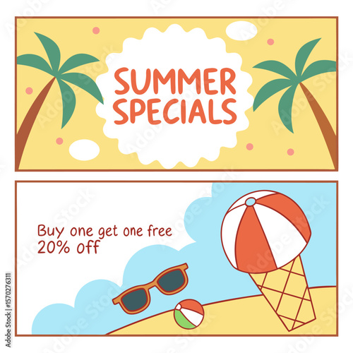 Illustration of summer specials banner with palm trees and beach scene with ice cream and sunglasses design