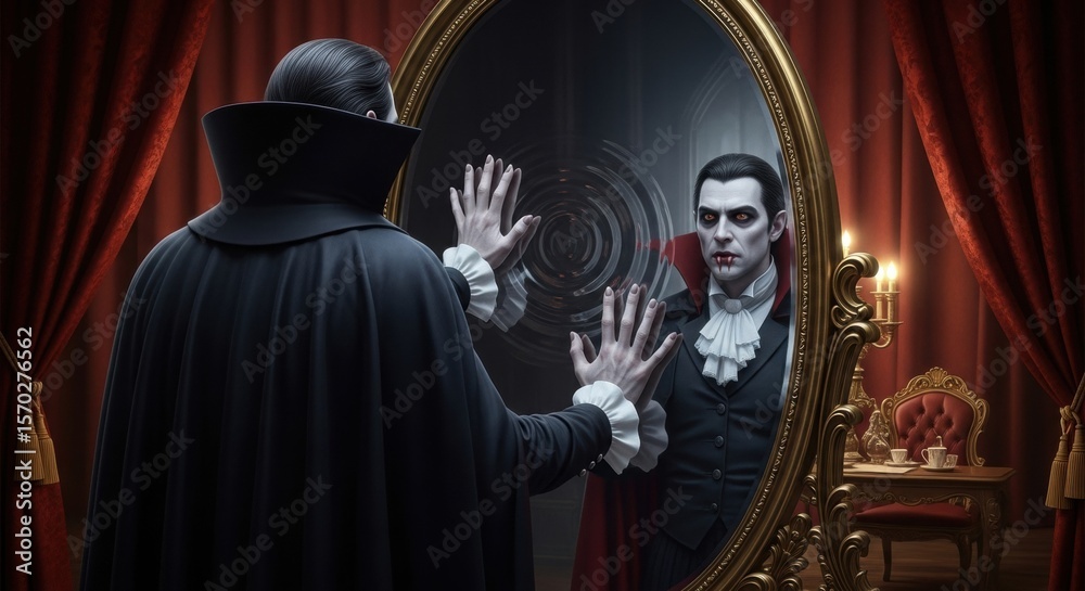 Naklejka premium Vampire in elegant cloak gazing at his reflection in ornate mirror