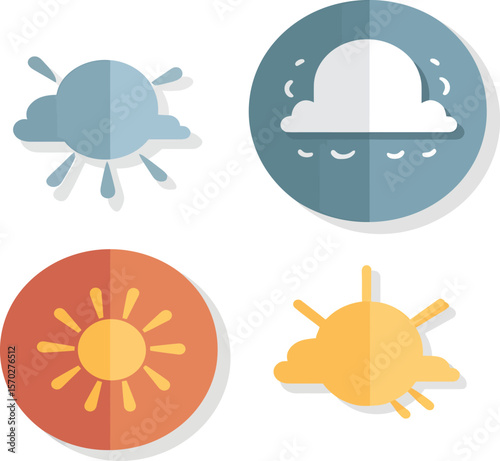 Charming weather icons depict sunny, cloudy, and partly cloudy conditions, ideal for website design or app interfaces related to climate and forecasts.