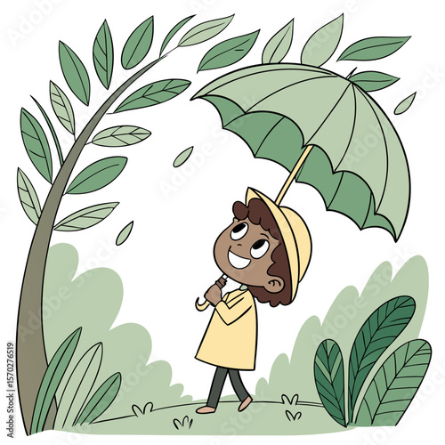 Girl in yellow raincoat holding green umbrella looking up at tree with leaves in a light rain scene outside