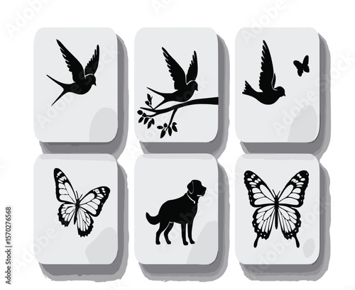 Graceful silhouettes showcase nature's beauty, featuring birds in flight, resting on branches, elegant butterflies, and a charming dog, all presented as classic vector illustrations with simple shapes