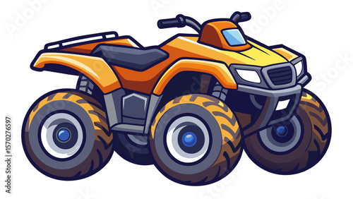 A cartoon orange and grey ATV with large tires.