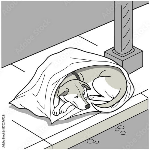 Illustration of a dog curled up under a white sheet next to a building and a pillar on the street side