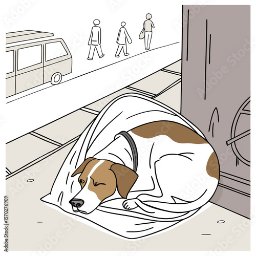 Dog curled up in a sheet on the sidewalk near a building with people and a van in the background