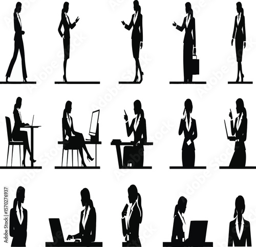 Silhouette portrayals capture the essence of professional women engaged in diverse work scenarios, showcasing business acumen and career ambition, while presenting a visual narrative of female empower