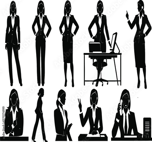 Striking silhouettes portraying professional businesswomen in action, showcasing elegance, power, and diversity in the corporate world, illustrating success and ambition, perfect for corporate brandin
