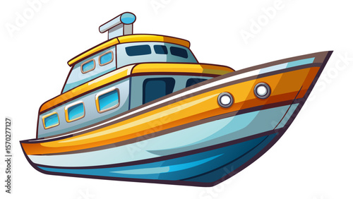 A cartoon yellow, blue, and white yacht or speed boat.