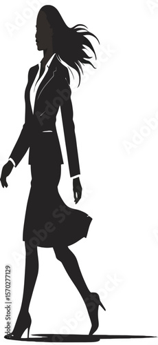 An elegant silhouette of a determined businesswoman strides forward, symbolizing career ambition, professional development, and female empowerment in the modern corporate world.