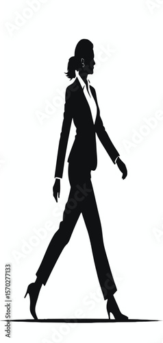 Silhouette illustration showing a confident business woman walking with purpose, conveying themes of success, leadership, ambition, and professional empowerment.
