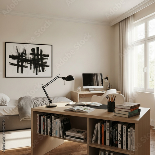 Minimalist Student Bedroom with Double Desks and Neutral Tones
