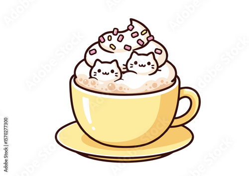 Adorable Cartoon Cats Relaxing in a Creamy Coffee Cup with Sprinkles.