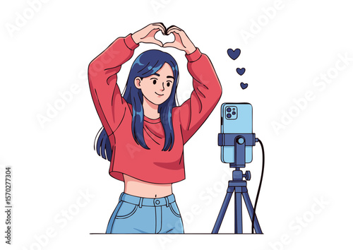 Animated Girl Making Heart Shape with Hands Vlogging with Smartphone.
