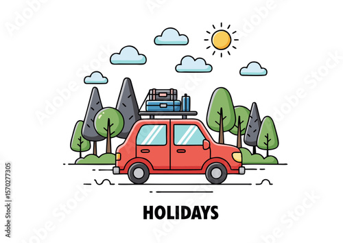 Red Car with Luggage on Roof Rack Traveling Through Forest.