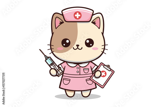 Cartoon Cat Nurse with Syringe and Clipboard Pink Uniform and Hat.