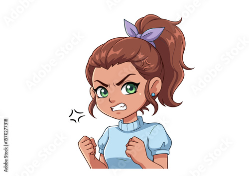 Angry Cartoon Girl with Brown Hair and Green Eyes Fists Clenched.