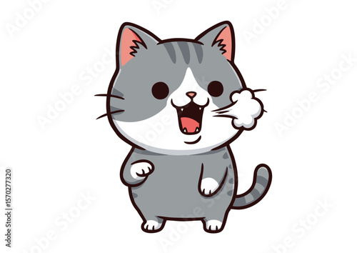 Cute Cartoon Gray Striped Cat Exhaling Steam.