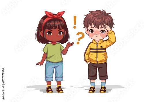 Cartoon Boy with Confused Expression Yellow Jacket and Shorts.