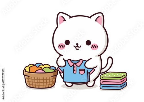 Adorable White Kitten Holding a Light Blue Polo Shirt Near Laundry Basket and Folded Clothes.