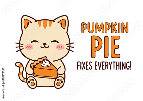 Adorable Cartoon Cat Joyfully Holding a Slice of Pumpkin Pie.