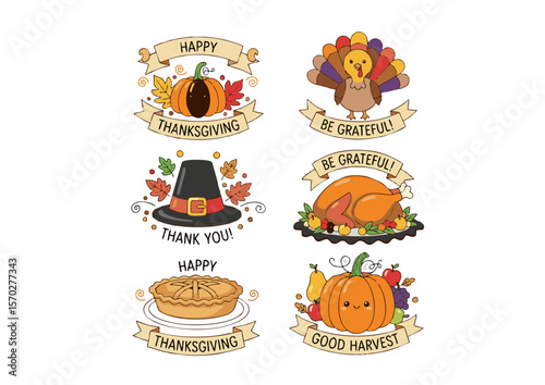 Cute Thanksgiving Icons with Pumpkins Turkeys Pie and Hats.