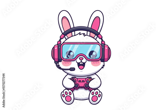 Cute White Bunny Gamer with Pink Headphones and Controller.