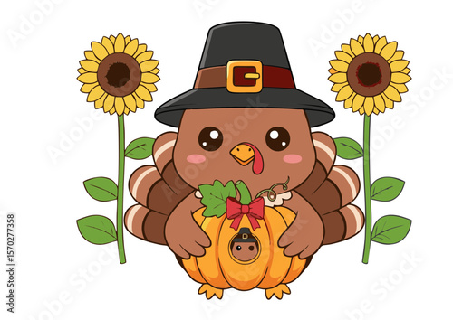 Cartoon Turkey with Pilgrim Hat Holding Pumpkin Surrounded by Sunflowers.