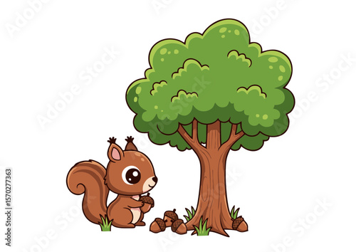 Adorable Cartoon Squirrel Holding Acorns Sitting Near a Tree.