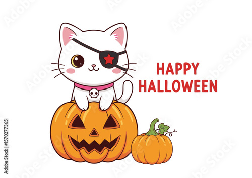 Adorable White Kitten with Eye Patch Sitting on Carved Halloween Pumpkin.
