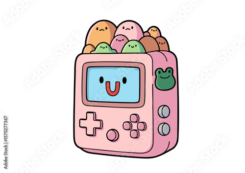 Cute Pink Retro Game Console with Kawaii Characters.