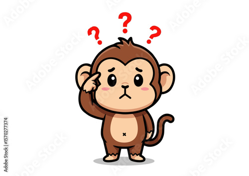 Cartoon Monkey with Question Marks Brown Fur and Confused Expression.