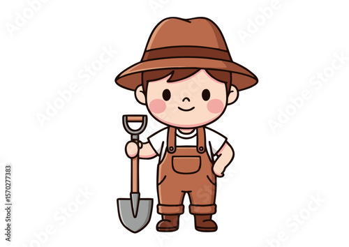 Cute Cartoon Farmer Boy with Shovel in overalls and hat holding a shovel.