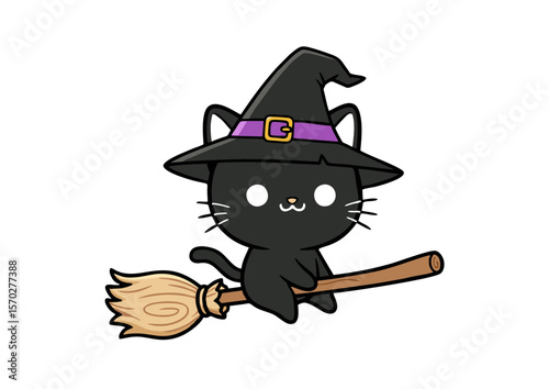 Adorable Black Cat Witch Flying on Broom Wearing Witch Hat Halloween Theme.