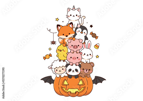 Adorable Stack of Halloween Animals atop a Carved Pumpkin Cute Illustration.