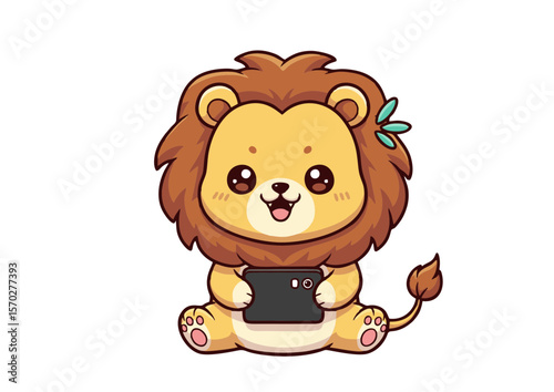 Cartoon Lion Cub Holding a Tablet with Green Leaf Hair Clip.