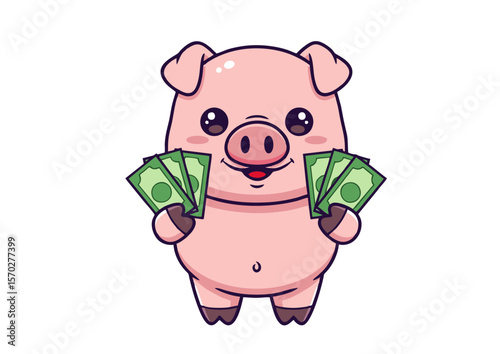 Adorable Pink Pig Cartoon Character Holding Money Bills.