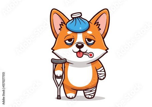 Sick Cartoon Corgi with Crutches and Ice Pack.