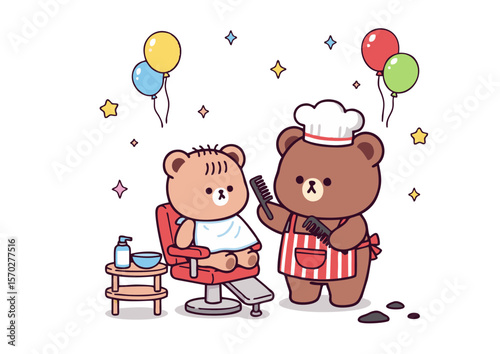 Adorable Brown Bear Hairstylist Grooming a Tan Bear Cub in a Red Barber Chair.