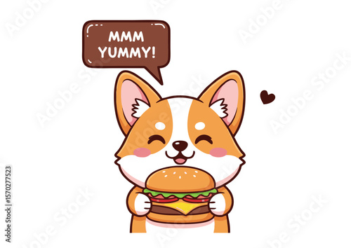 Adorable Cartoon Corgi Dog Holding a Delicious Hamburger Smiling Happily.