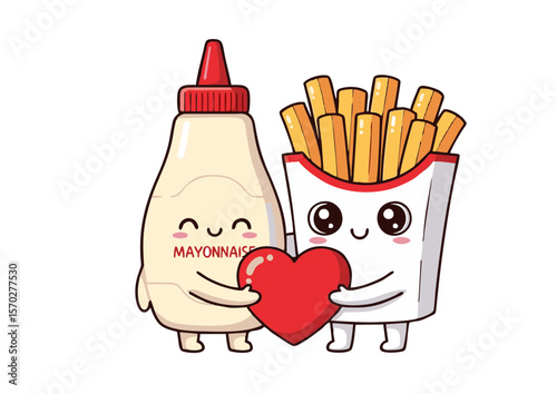 Cute Cartoon Mayonnaise Bottle and Fries Holding a Red Heart.
