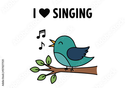 Cartoon Bird Singing on Branch with Musical Notes Illustration.