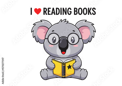 Cartoon Koala Reading a Yellow Book with a Black Star.